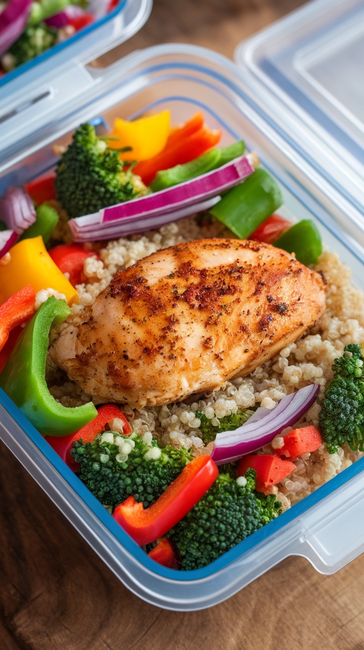 A container of chicken quinoa bowl with vibrant vegetables.