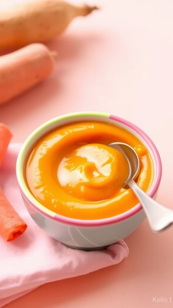 A bowl of sweet potato and carrot puree for babies, with a baby spoon beside it on a pastel background.