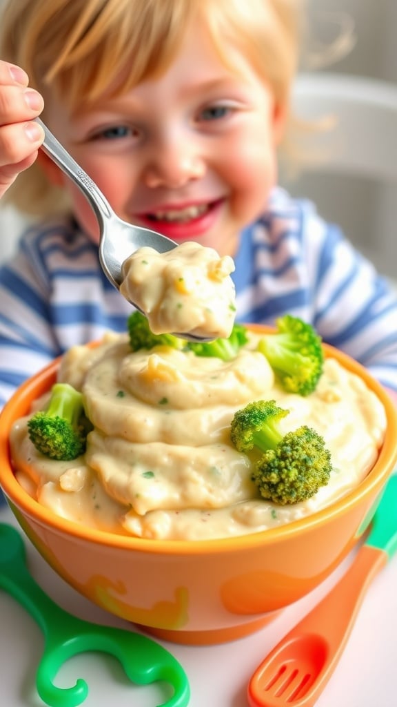 A creamy bowl of broccoli and cauliflower blend for toddlers with a playful setting.