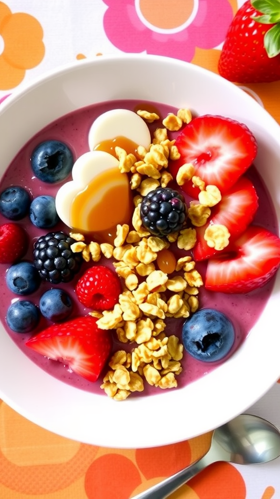 A berry smoothie bowl filled with fresh fruits and granola, ready for a toddler to enjoy.