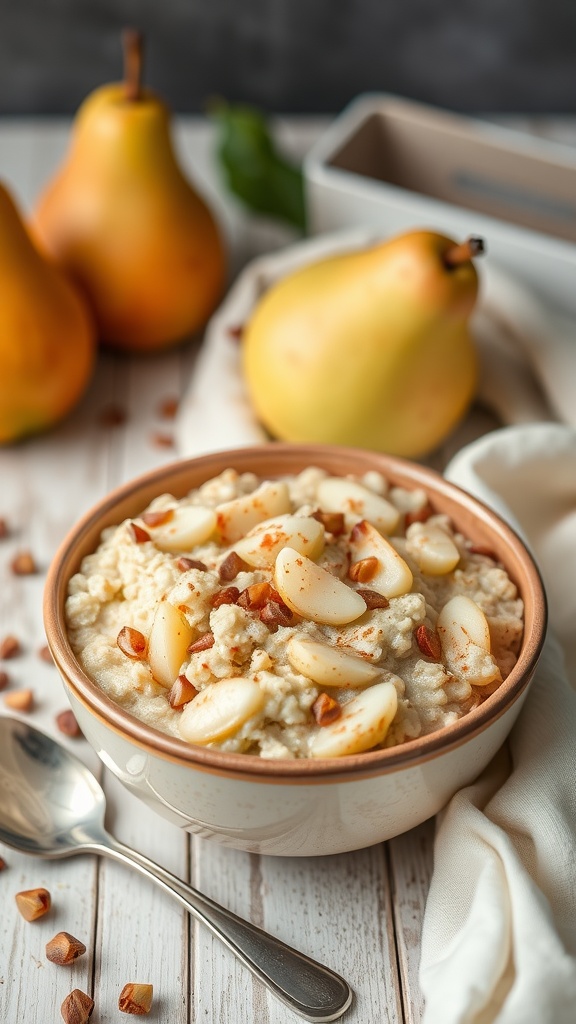 A bowl of oatmeal and pear mash topped with sliced pears and nuts, with whole pears in the background.