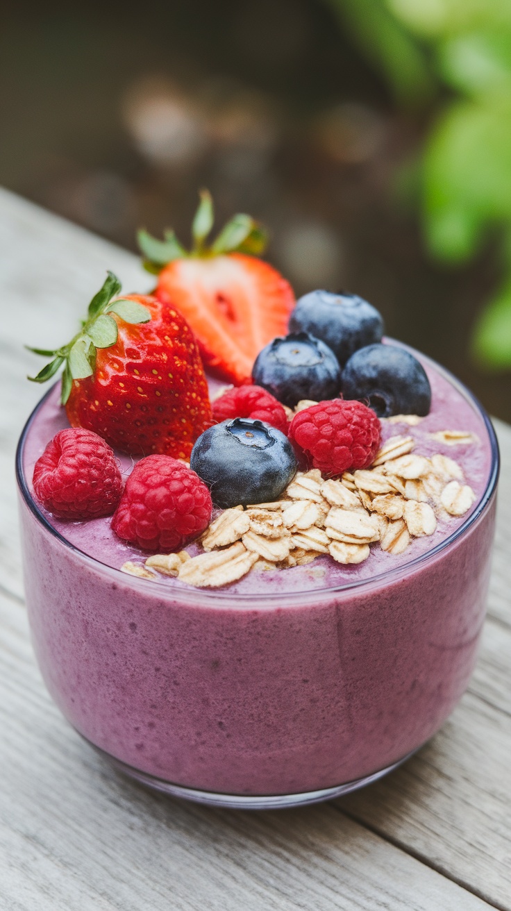 Oatmeal Berry Breakfast Blend smoothie with strawberries, blueberries, and raspberries on top