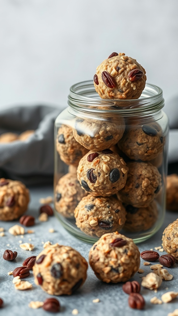 A jar filled with oatmeal raisin energy bites, with some bites scattered around.