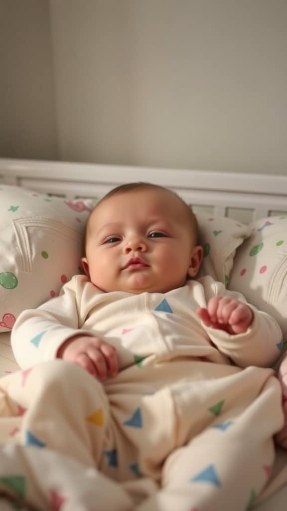 A newborn baby lying in a crib, looking calm and relaxed.