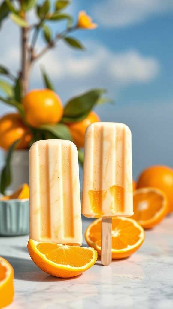 Two orange creamsicle popsicles with fresh oranges in the background.