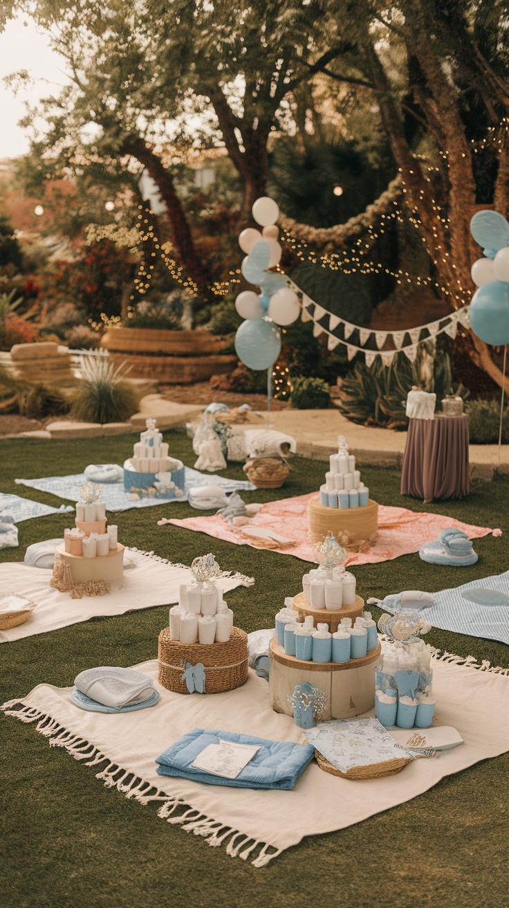 Outdoor baby shower setup with blankets and decorations