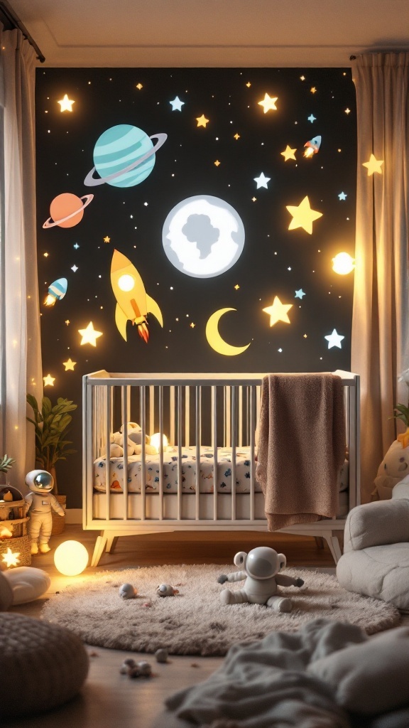 A nursery room with an outer space theme featuring a crib, starry wall art, and planet decorations.