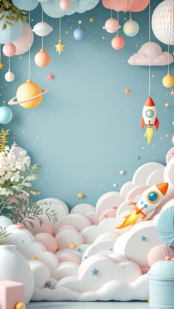 Baby shower theme with rockets, planets, and stars.