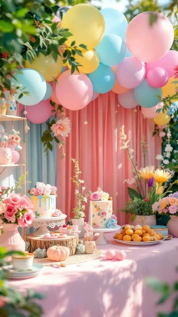 A cheerful baby shower setup with pastel and vibrant balloons, floral decorations, and a dessert table.