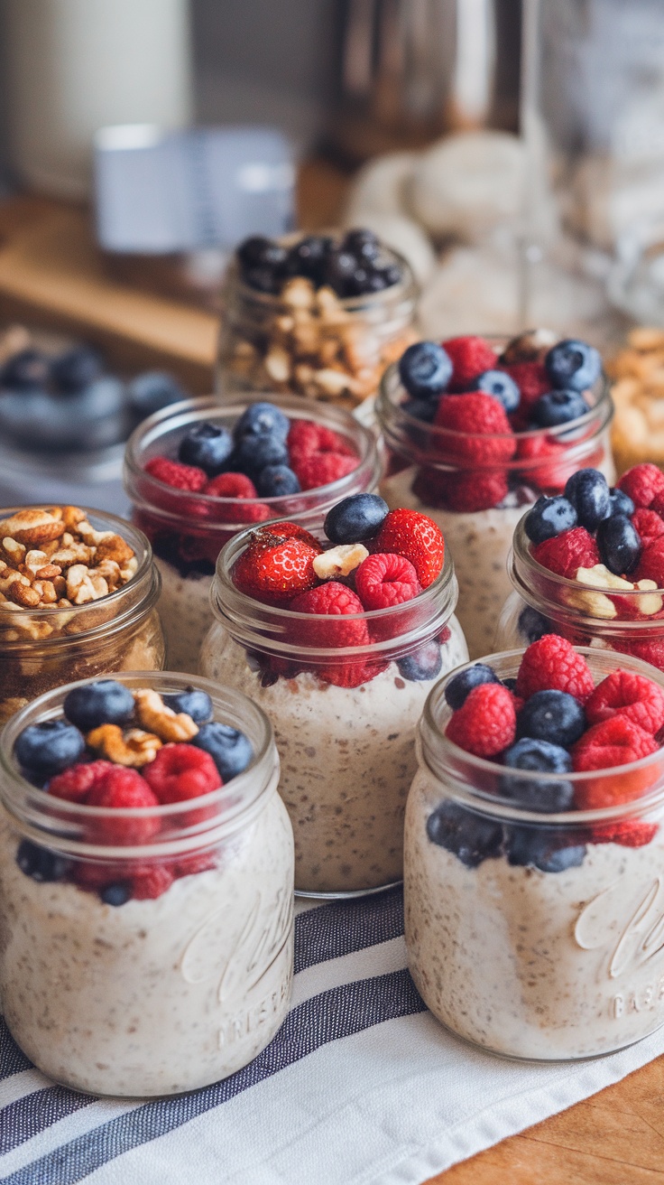 Jars of overnight oats topped with berries and nuts on a striped cloth.