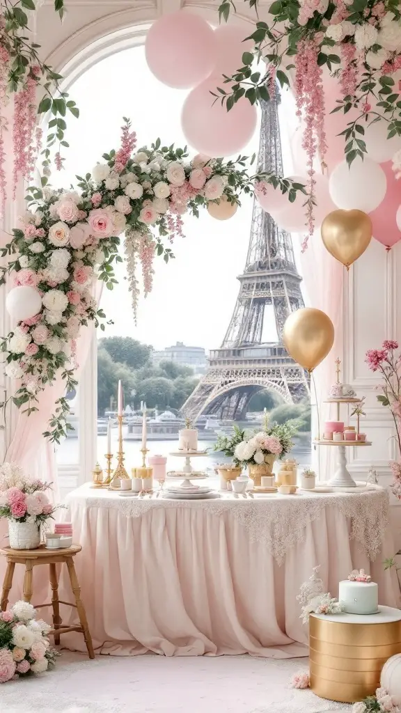 A beautifully decorated baby shower scene featuring pink and white flowers, balloons, and an elegant table setting with the Eiffel Tower in the background.