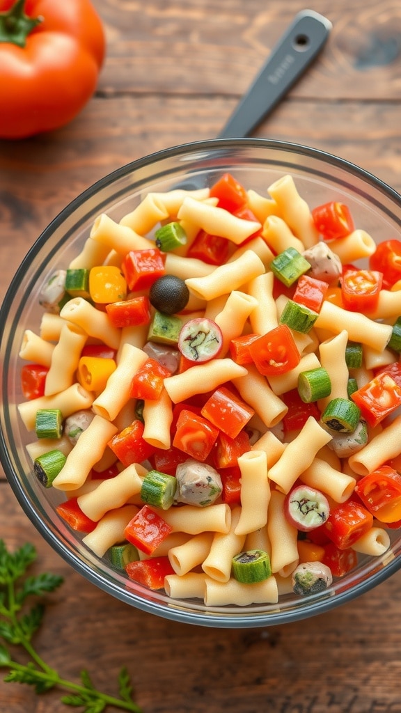 A bowl of pasta salad with colorful vegetables.