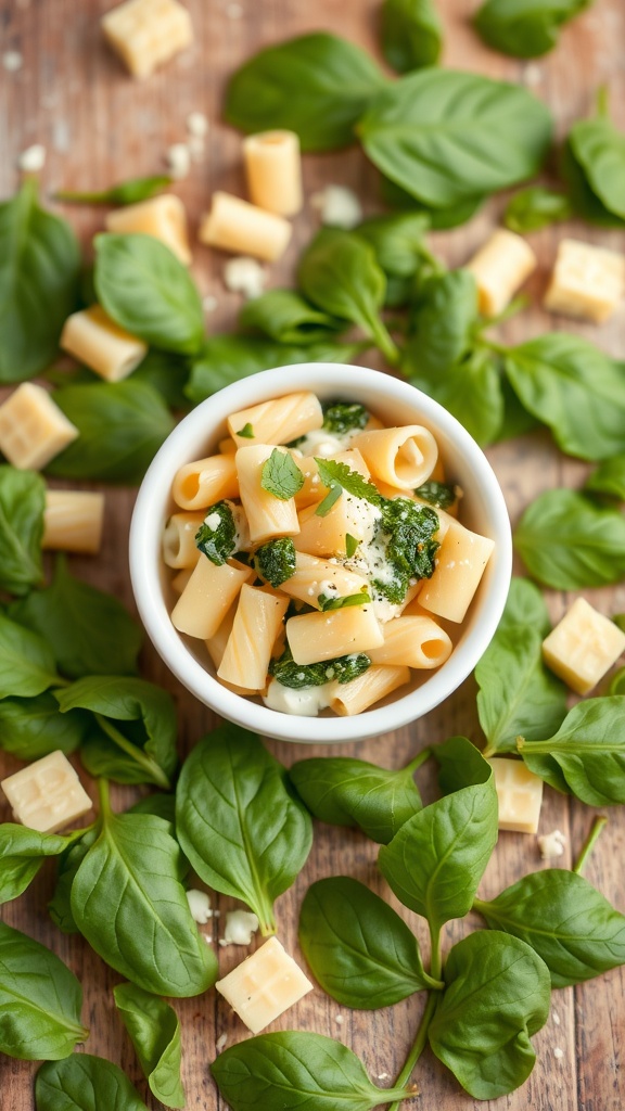 A bowl of pasta with spinach and cheese surrounded by fresh spinach leaves and cheese cubes.