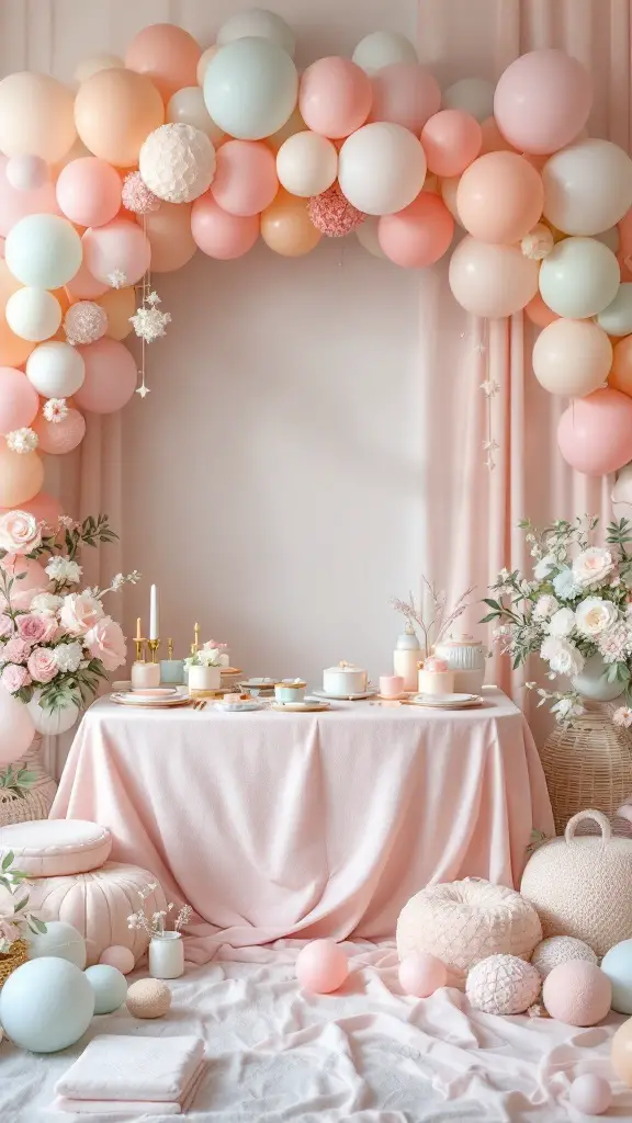 A beautifully decorated table with soft pastel balloons, flowers, and a cozy setting for a baby shower.