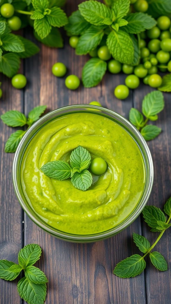 A vibrant green pea and mint puree in a bowl, garnished with mint leaves and surrounded by fresh peas.