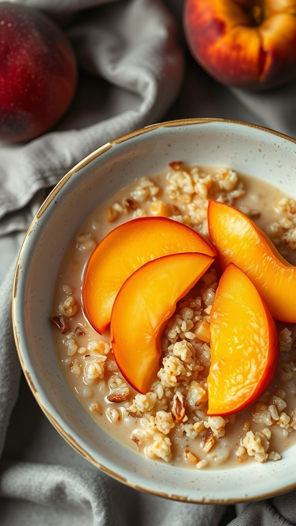 A bowl of peach and quinoa porridge topped with peach slices, surrounded by fresh peaches.