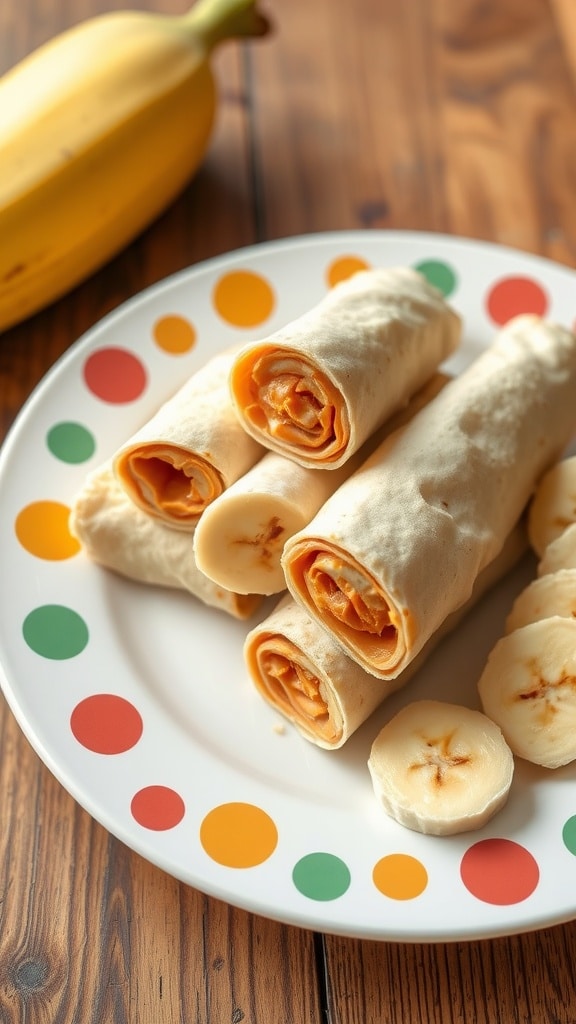 Peanut butter and banana roll-ups on a colorful plate with banana slices