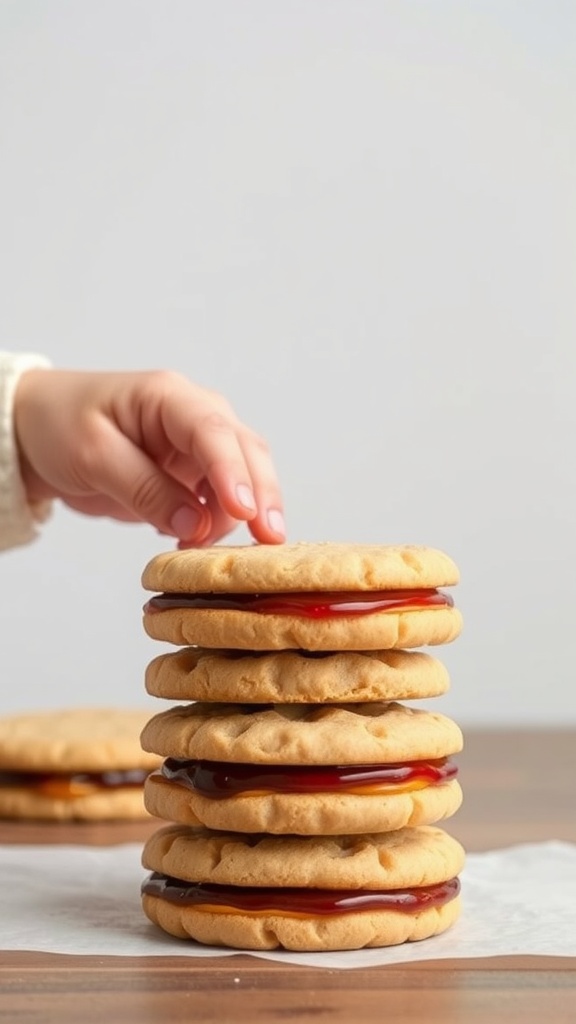 A hand reaching for stacked peanut butter and jelly sandwich cookies