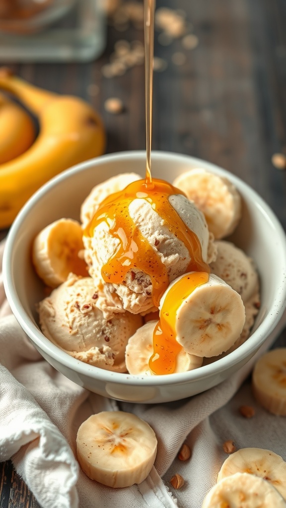 Bowl of peanut butter banana ice cream topped with honey and banana slices.