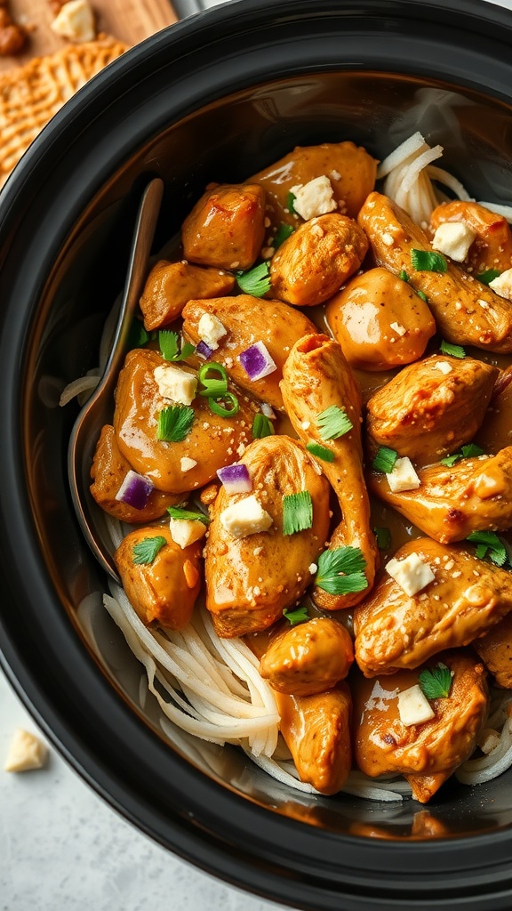 Crock pot full of peanut butter chicken with noodles