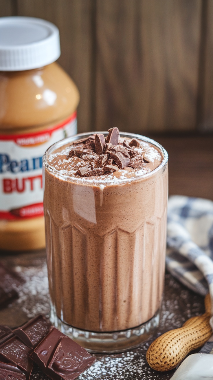 A delicious peanut butter chocolate smoothie topped with chocolate pieces.