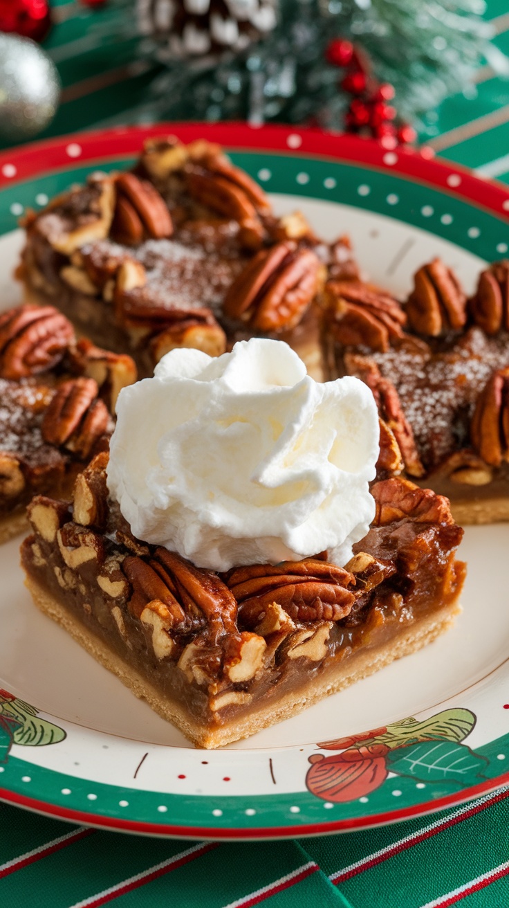 Pecan pie bars topped with whipped cream on a festive plate