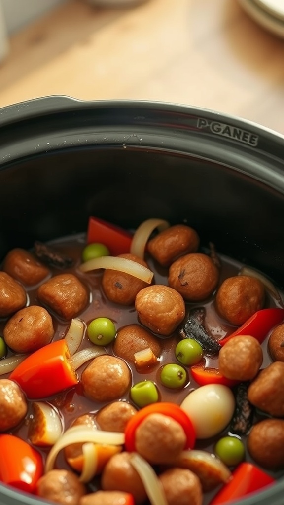 Crock pot meal featuring sausage, peppers, and onions.