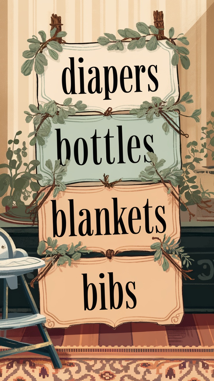 Illustration of personalized signage for a baby shower, featuring the words 'diapers', 'bottles', 'blankets', and 'bibs'.