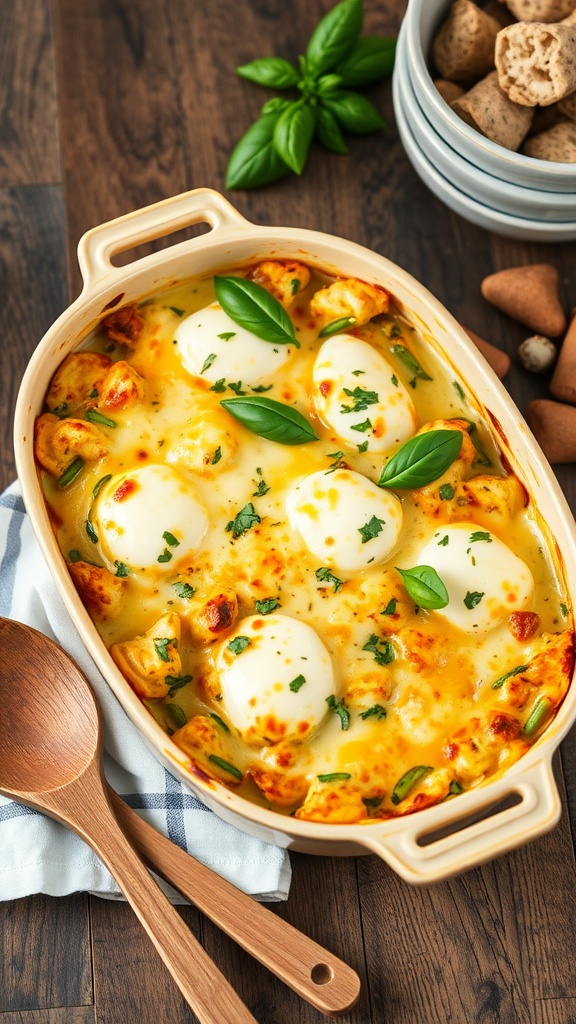 Pesto chicken and mozzarella casserole with fresh basil on top