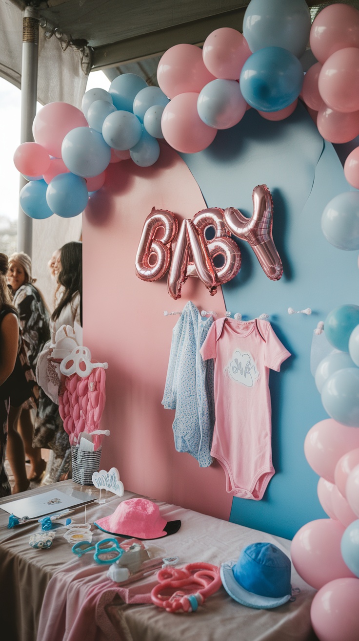 A colorful baby shower photo booth with balloons, baby clothes, and props