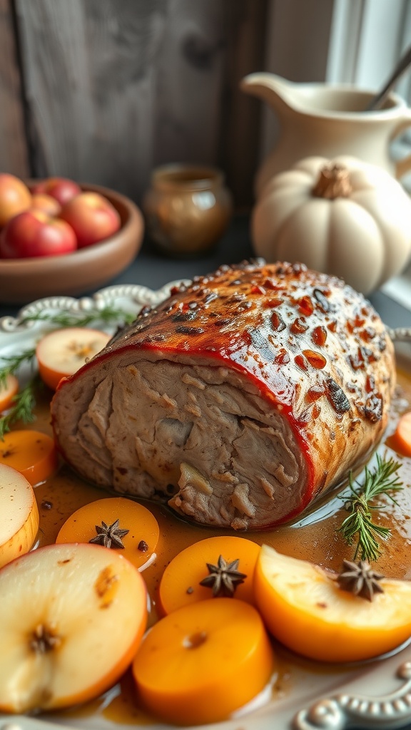 A cooked pork tenderloin surrounded by slices of apples and spices on a plate.