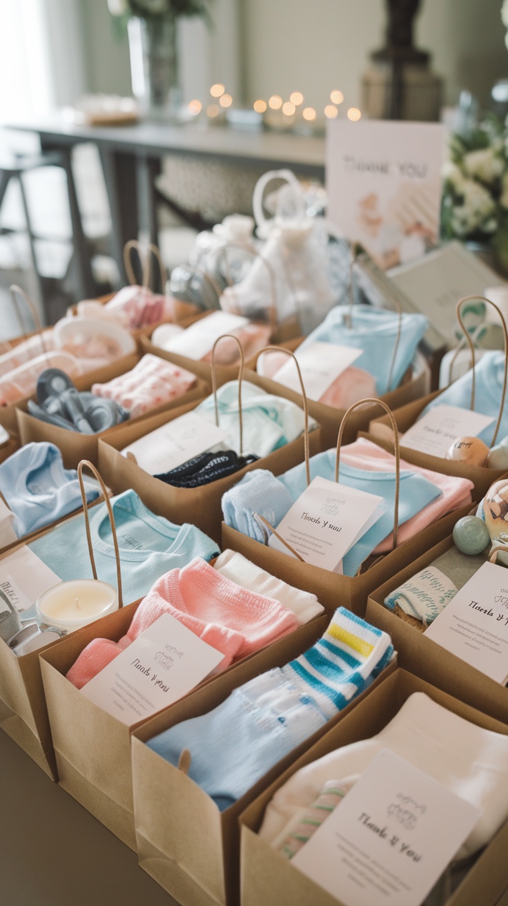 A variety of baby socks and small gifts arranged in boxes for a baby shower favor.