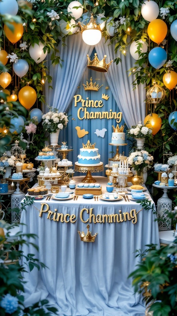 Decor inspired by a Prince Charming theme for a baby shower.