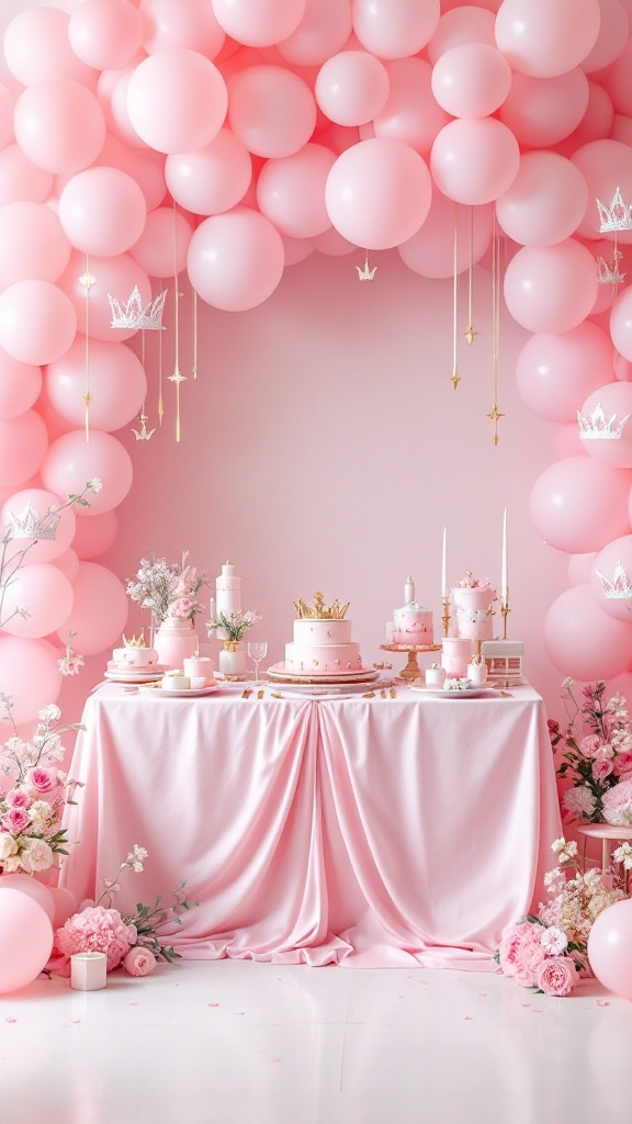 A beautifully decorated baby shower table with pink balloons, a pink cake, and floral arrangements.