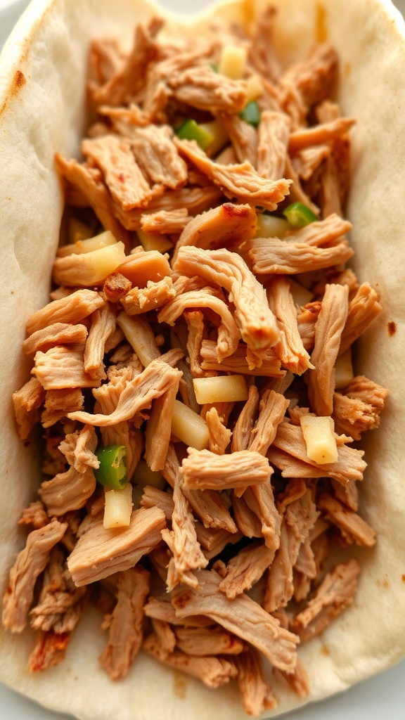 A close-up of pulled pork filling in a tortilla.