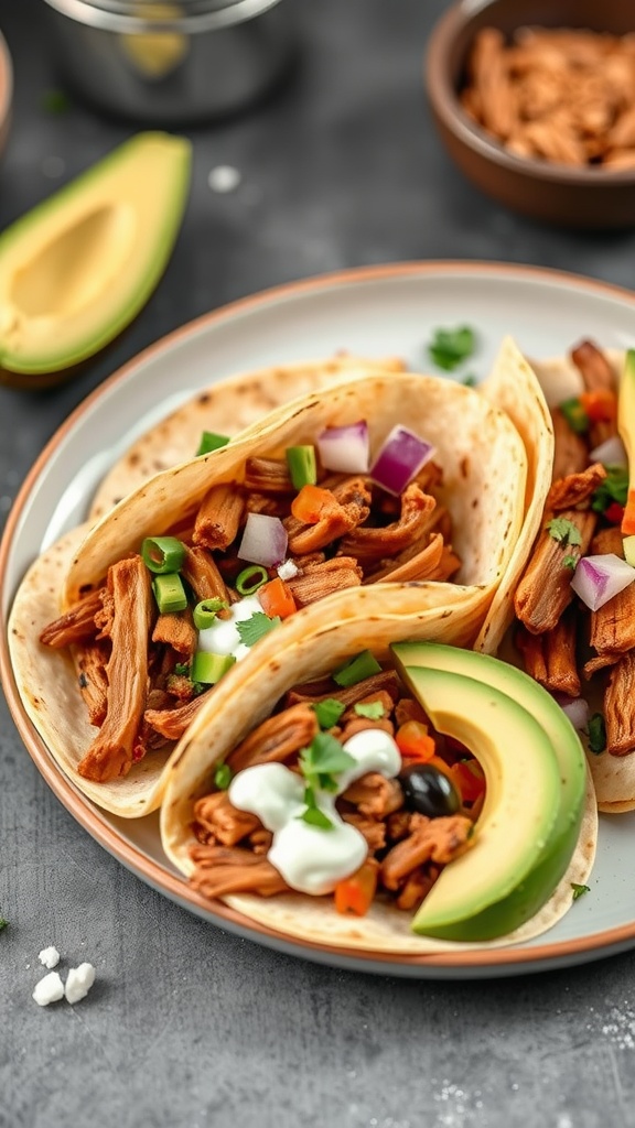 Pulled pork tacos garnished with avocado and fresh veggies on a plate.