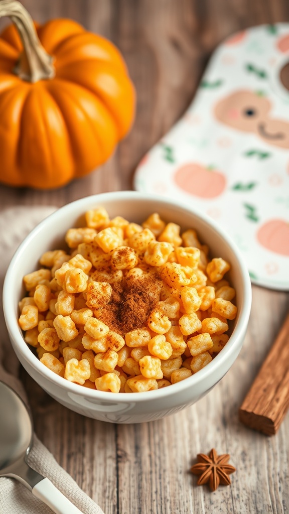 A bowl of pumpkin and rice cereal topped with spices, with a small pumpkin and a bib in the background.