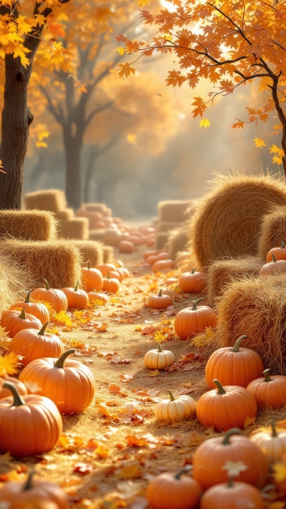 A serene pumpkin patch scene with pumpkins and autumn leaves.