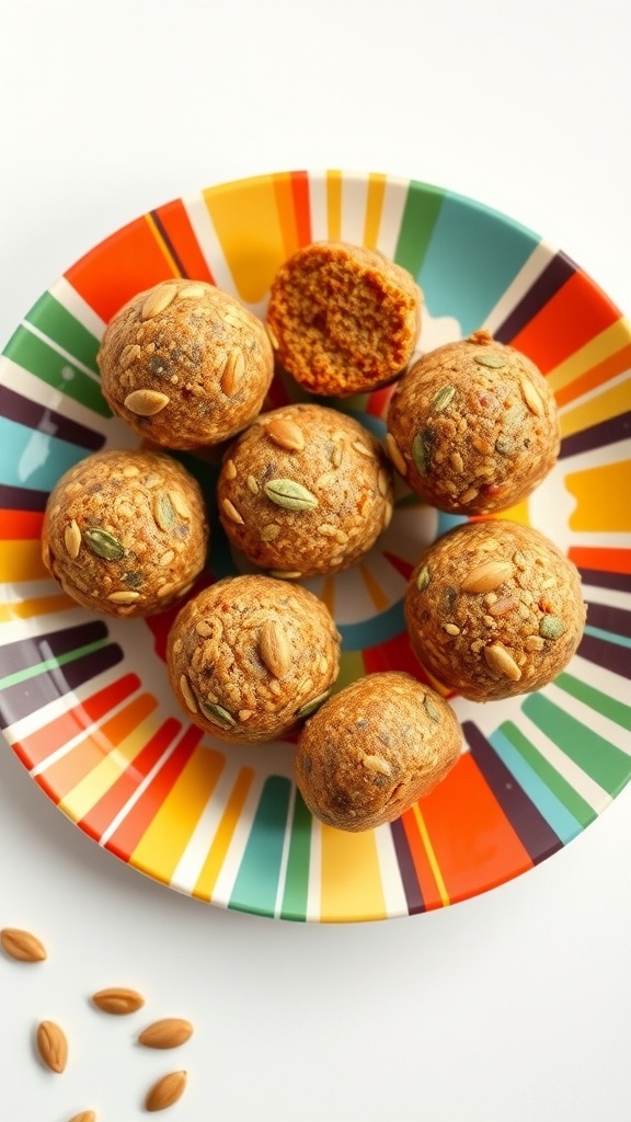 Colorful plate of pumpkin spice energy balls with seeds