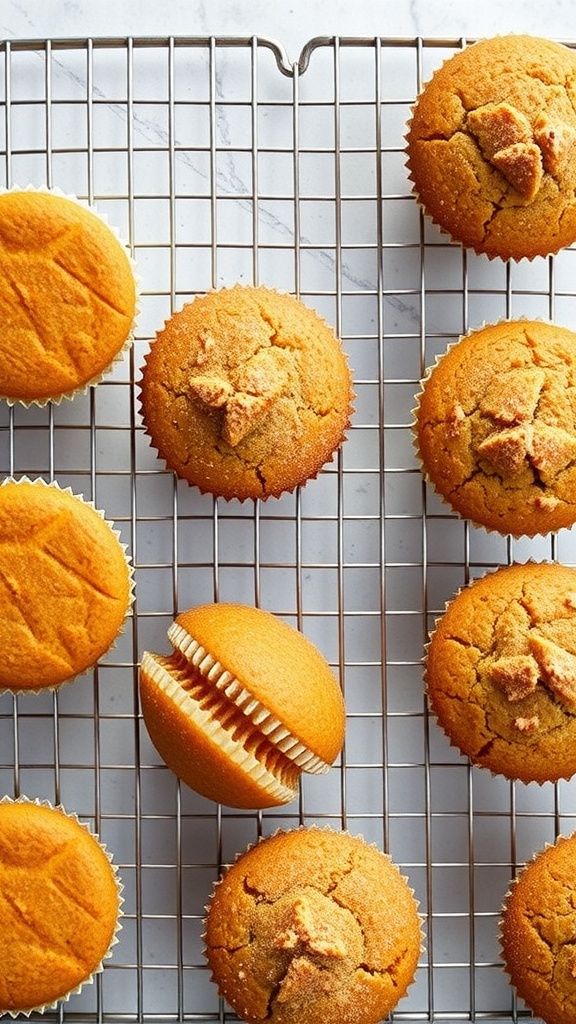 A cooling rack with freshly baked pumpkin spice muffins.