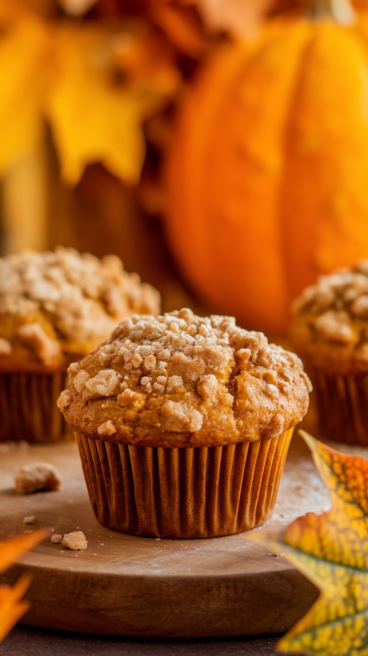 Delicious pumpkin spice muffin with streusel topping, surrounded by autumn leaves and pumpkins