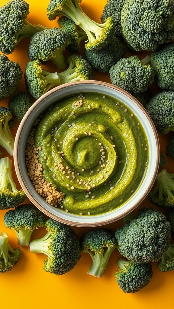 A bowl of green quinoa and broccoli puree surrounded by fresh broccoli florets.