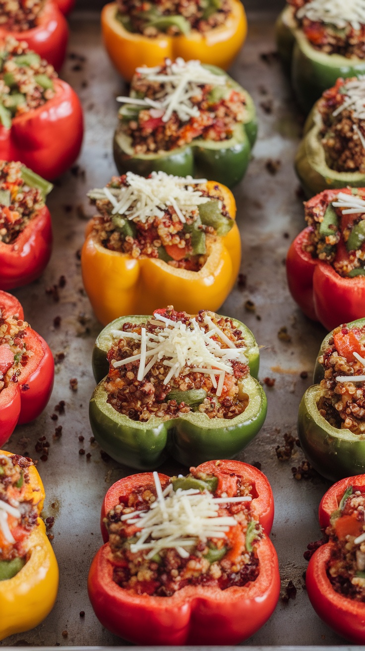 Colorful quinoa and vegetable stuffed peppers topped with cheese