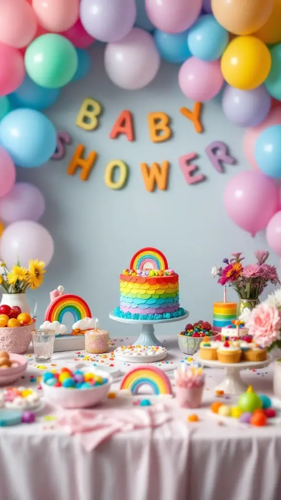 A colorful baby shower setup featuring a rainbow cake, balloons, and a table filled with festive treats.