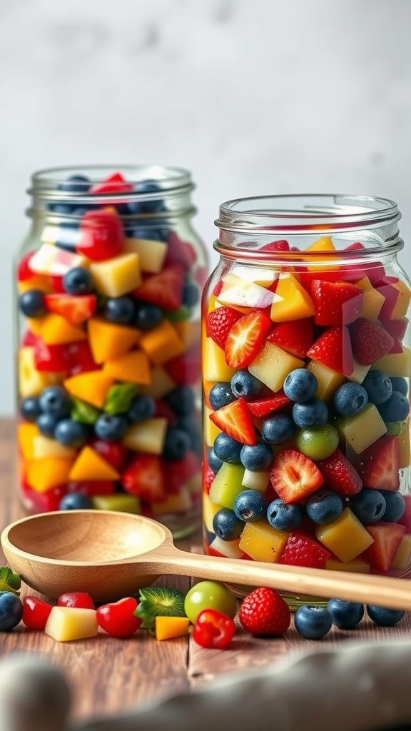 Two jars filled with colorful diced fruits like strawberries, blueberries, and melons, with a wooden spoon nearby.