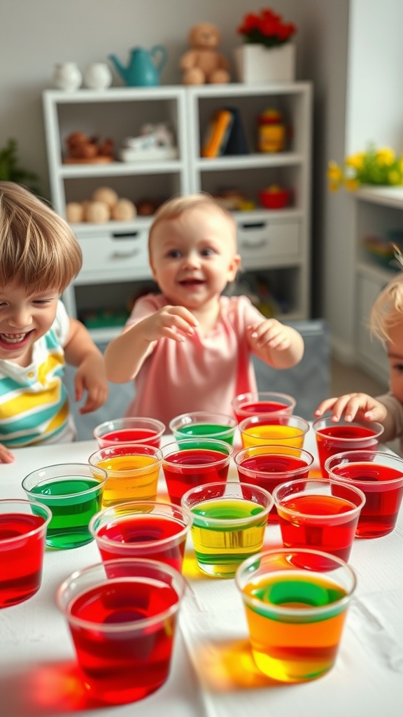 A group of toddlers excitedly reaching for colorful jello cups in a bright, cheerful setting.