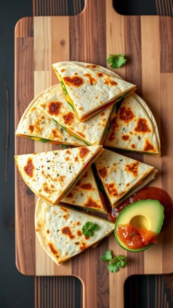 A plate of rainbow veggie quesadillas with various colorful ingredients and a side of salsa and avocado.