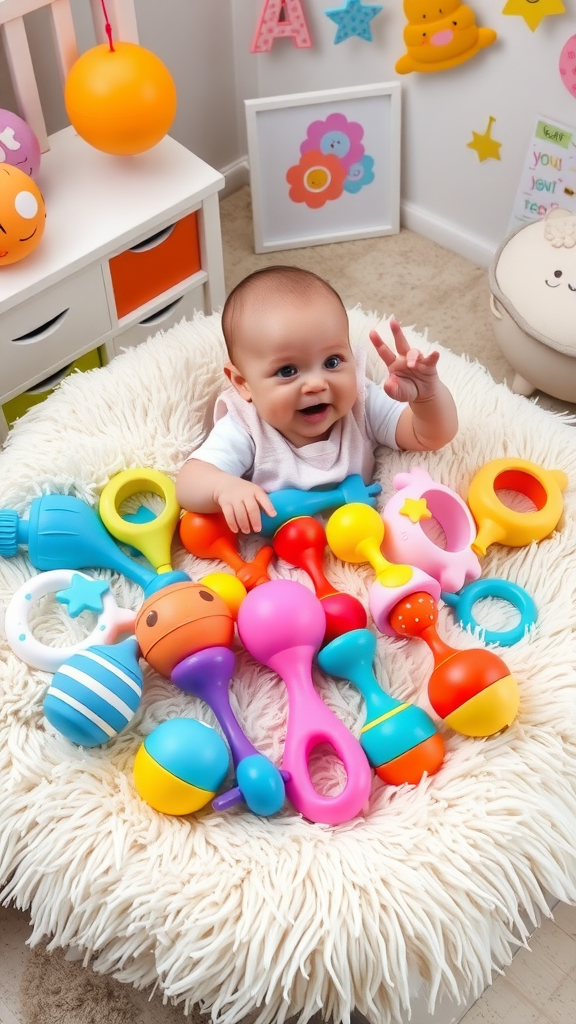 A baby playing with various colorful rattles and shakers on a fluffy blanket.