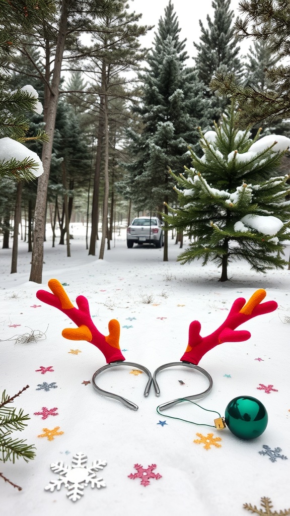 Colorful reindeer antler headbands on a snowy landscape surrounded by evergreen trees