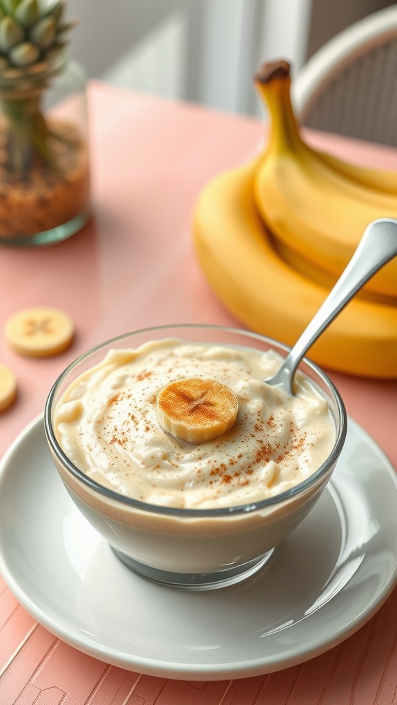 A bowl of creamy rice and banana pudding topped with a banana slice.